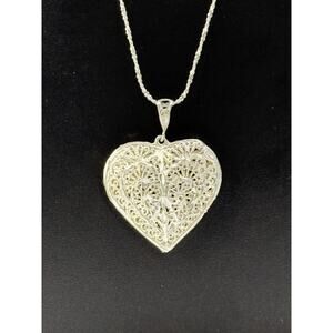Italy ND 925 Sterling Silver Filigree Heart Pendant Necklace
